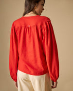 Camisa camisera de manga larga en mezcla de lino - Rojo