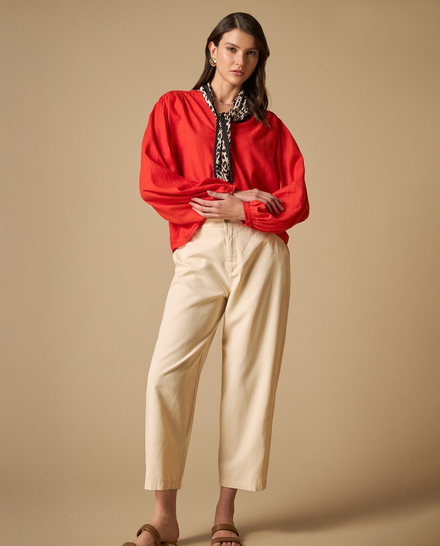 Camisa camisera de manga larga en mezcla de lino - Rojo