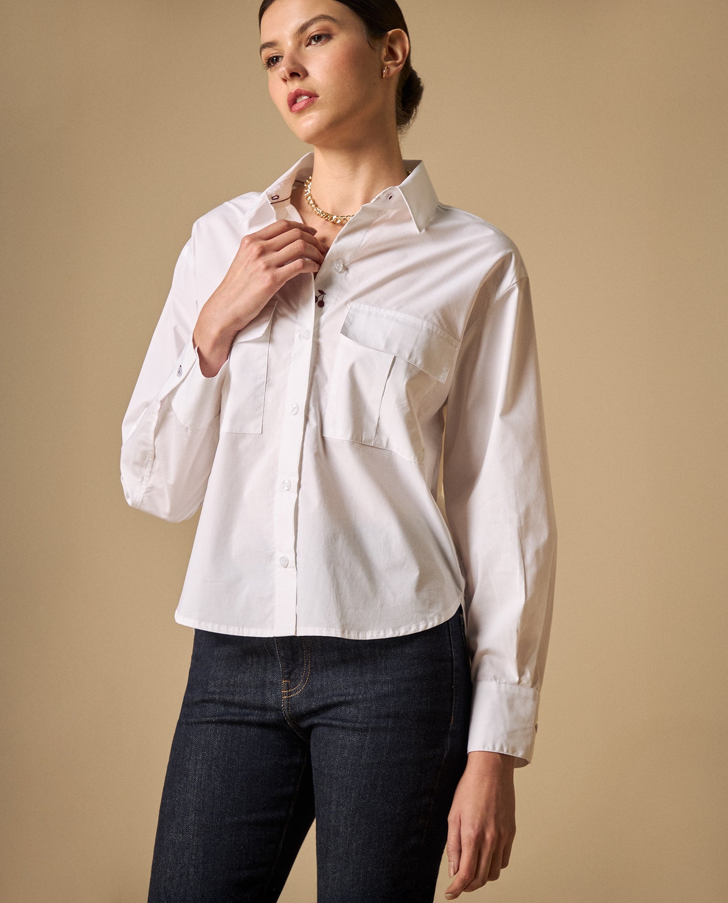 Camisa bordada manga larga cuello camisero - Blanco
