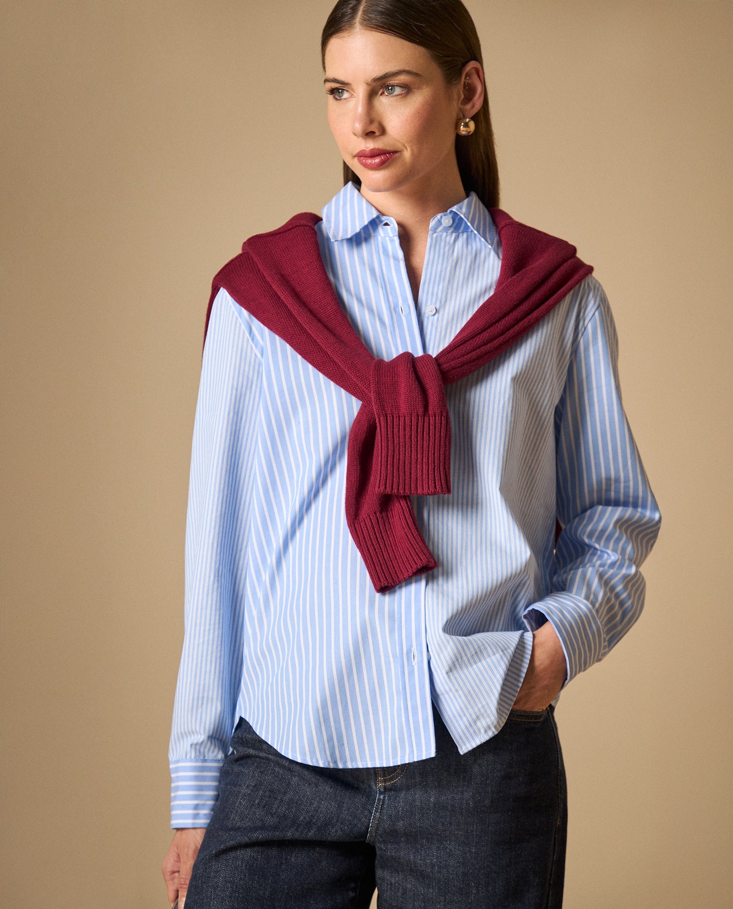 Camisa de rayas manga larga cuello camisero - Azul