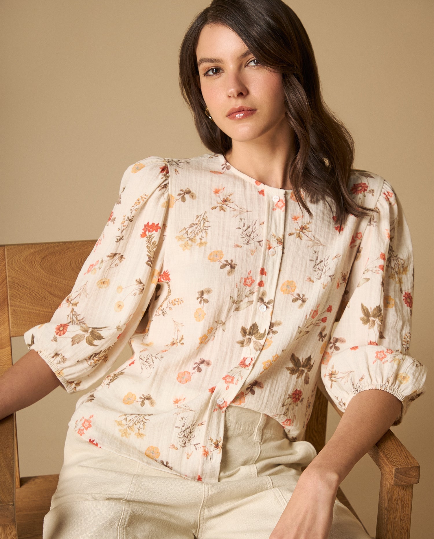 Camisa manga 3/4 cuello en V tejido fluido - Blanco