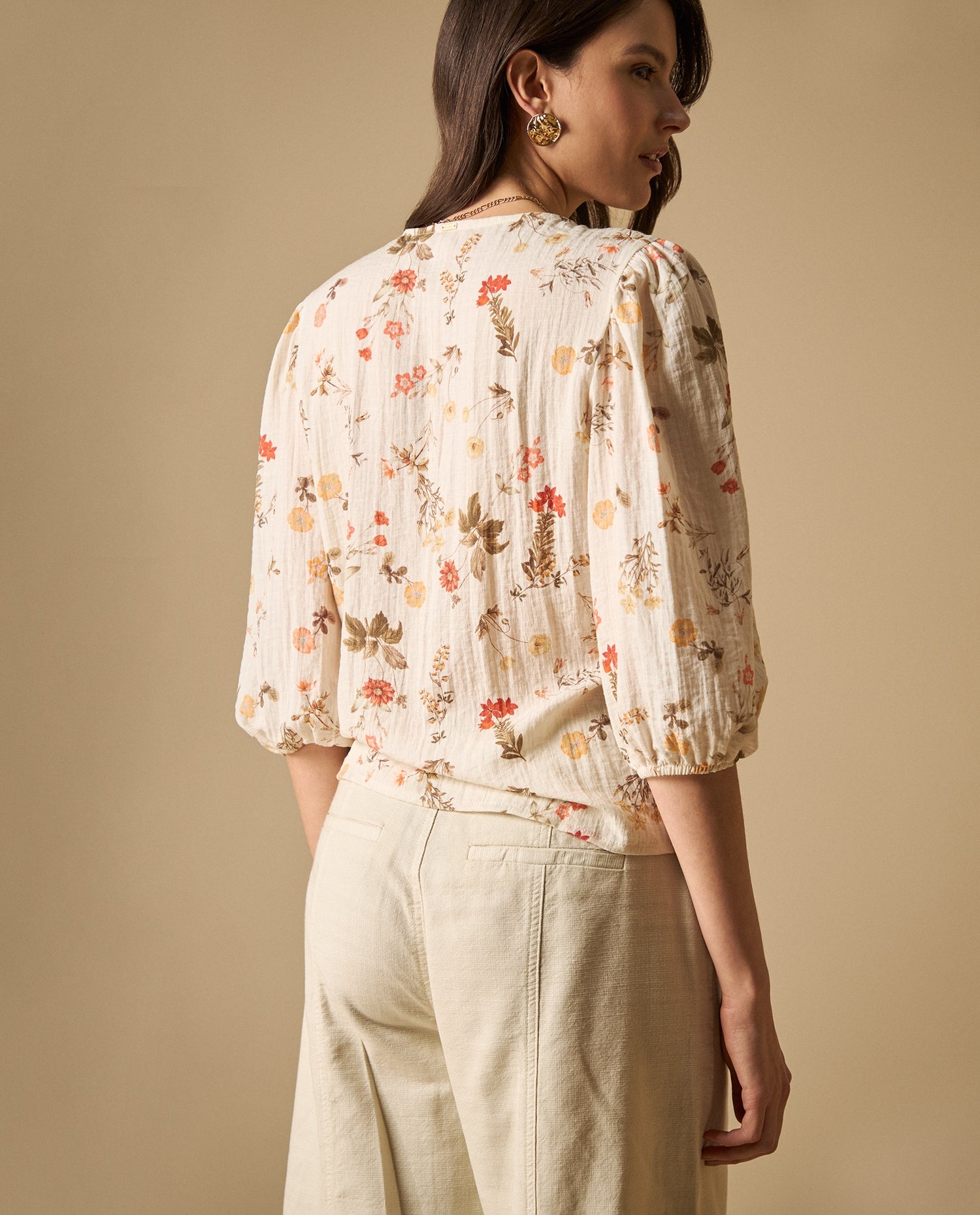 Camisa manga 3/4 cuello en V tejido fluido - Blanco