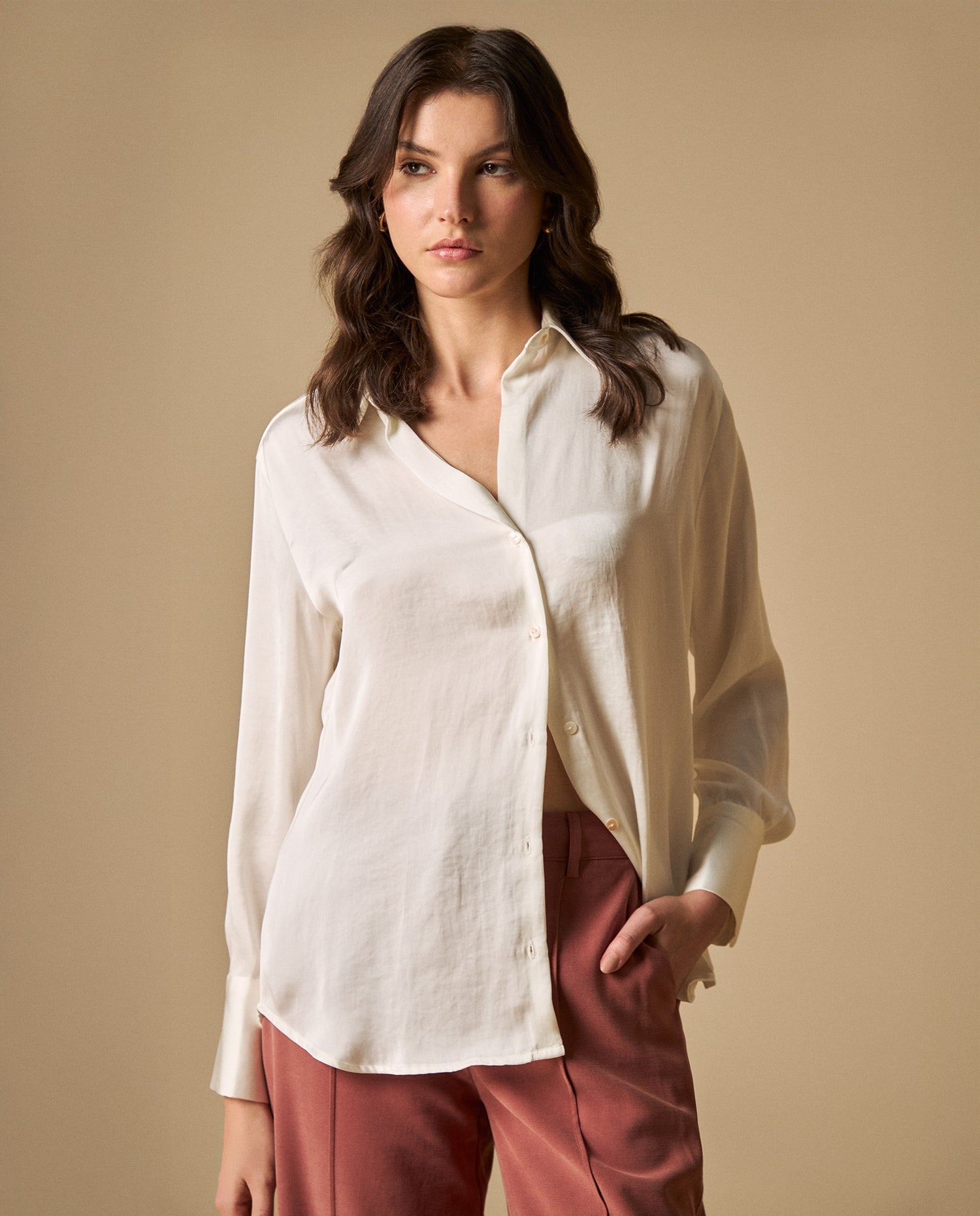 Camisa manga larga cuello camisero silueta fluida - Blanco