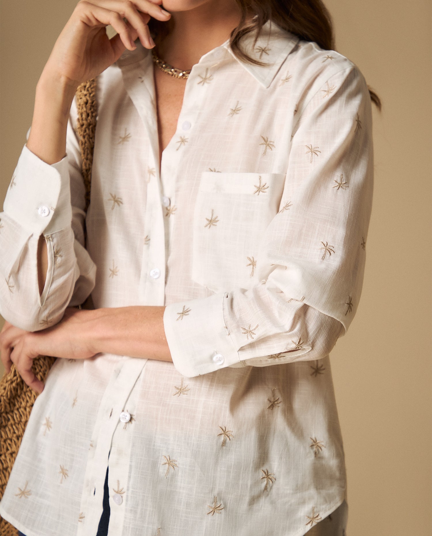 Camisa manga larga cuello camisero en algodón - Blanco