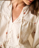 Camisa bordada manga larga cuello en V - Blanco