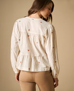 Camisa bordada manga larga cuello en V - Blanco