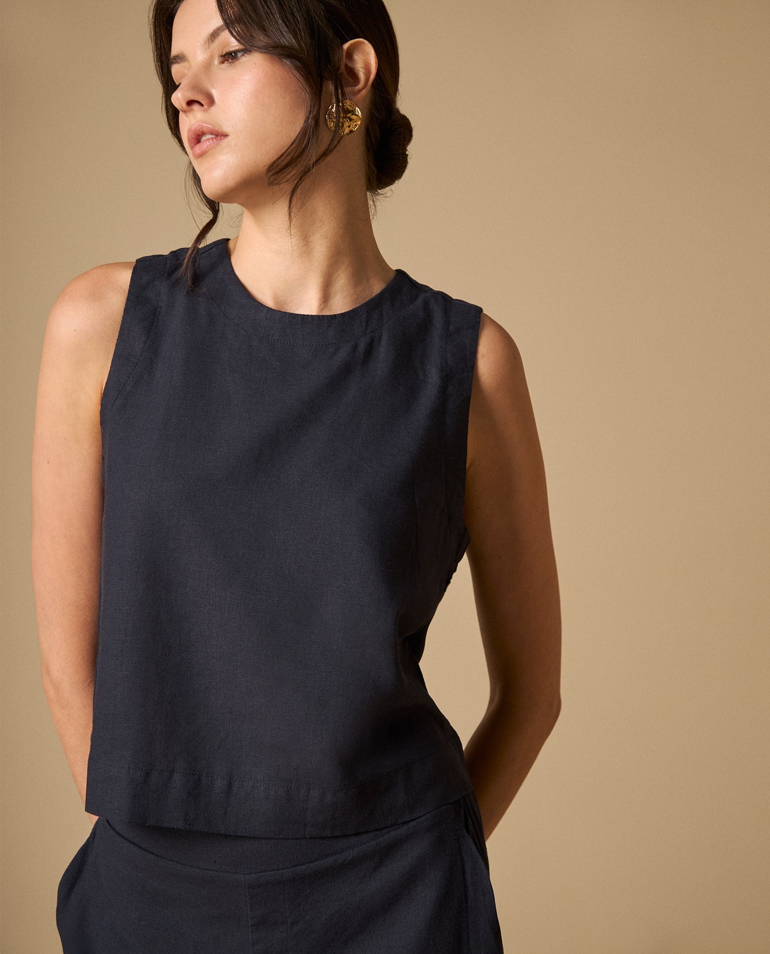 Camisa manga sisa cuello redondo en lino y rayón - Azul