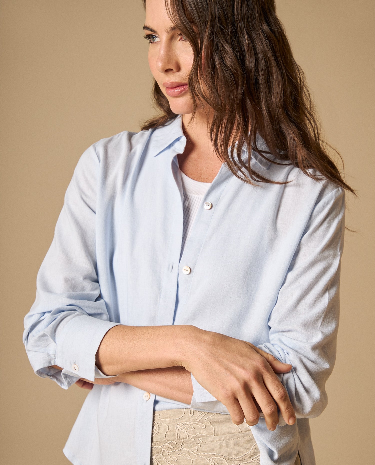 Camisa camisera manga larga en mezcla de lino - Azul