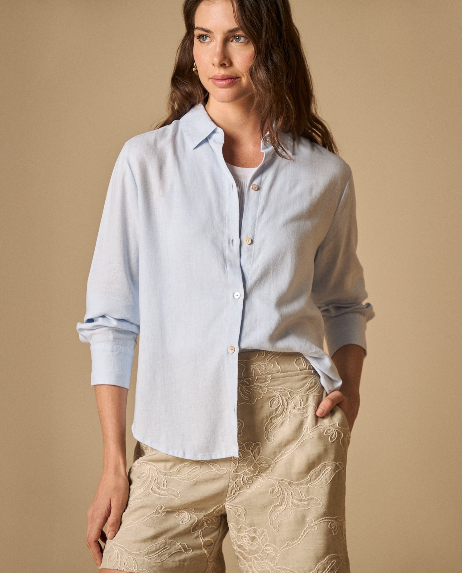 Camisa camisera manga larga en mezcla de lino - Azul