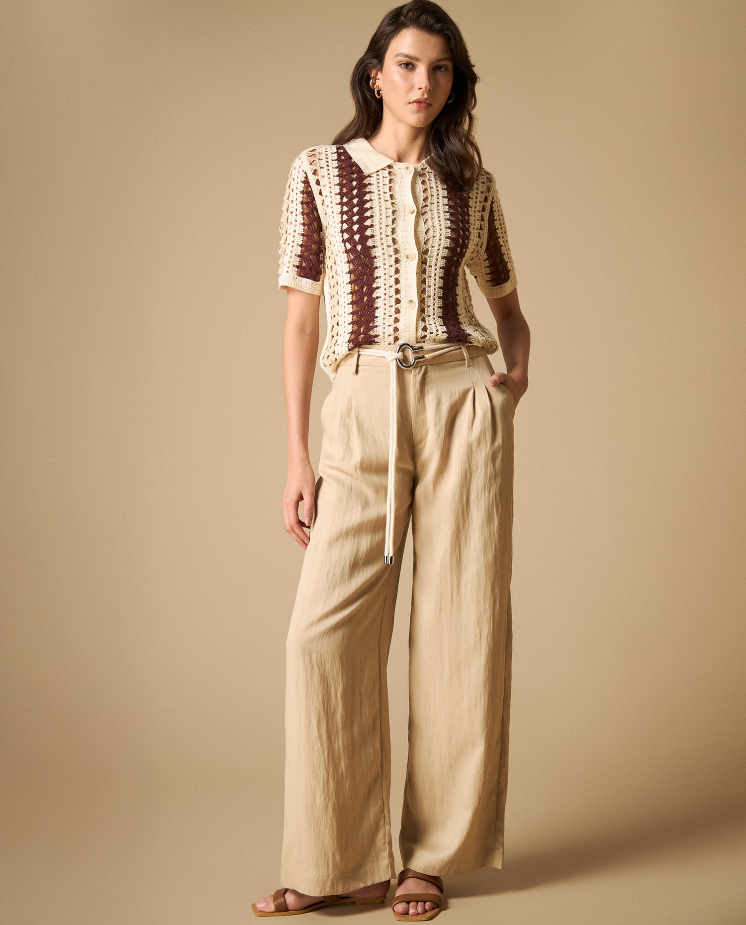 Camisa manga corta de tejido con textura y cuello camisero - Crudo