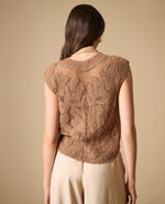 Camisa de tejido con textura manga sisa cuello redondo - Café