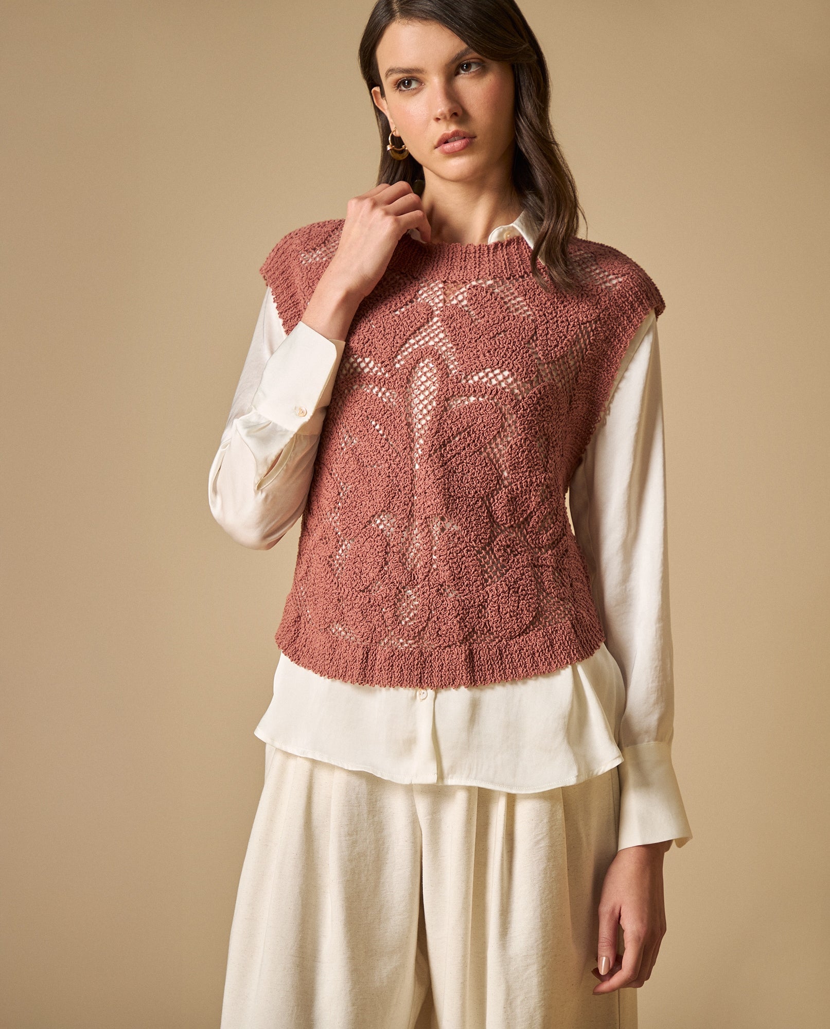 Camisa de tejido con textura manga sisa cuello redondo - Rosa 34_611H238_ROS151626_0