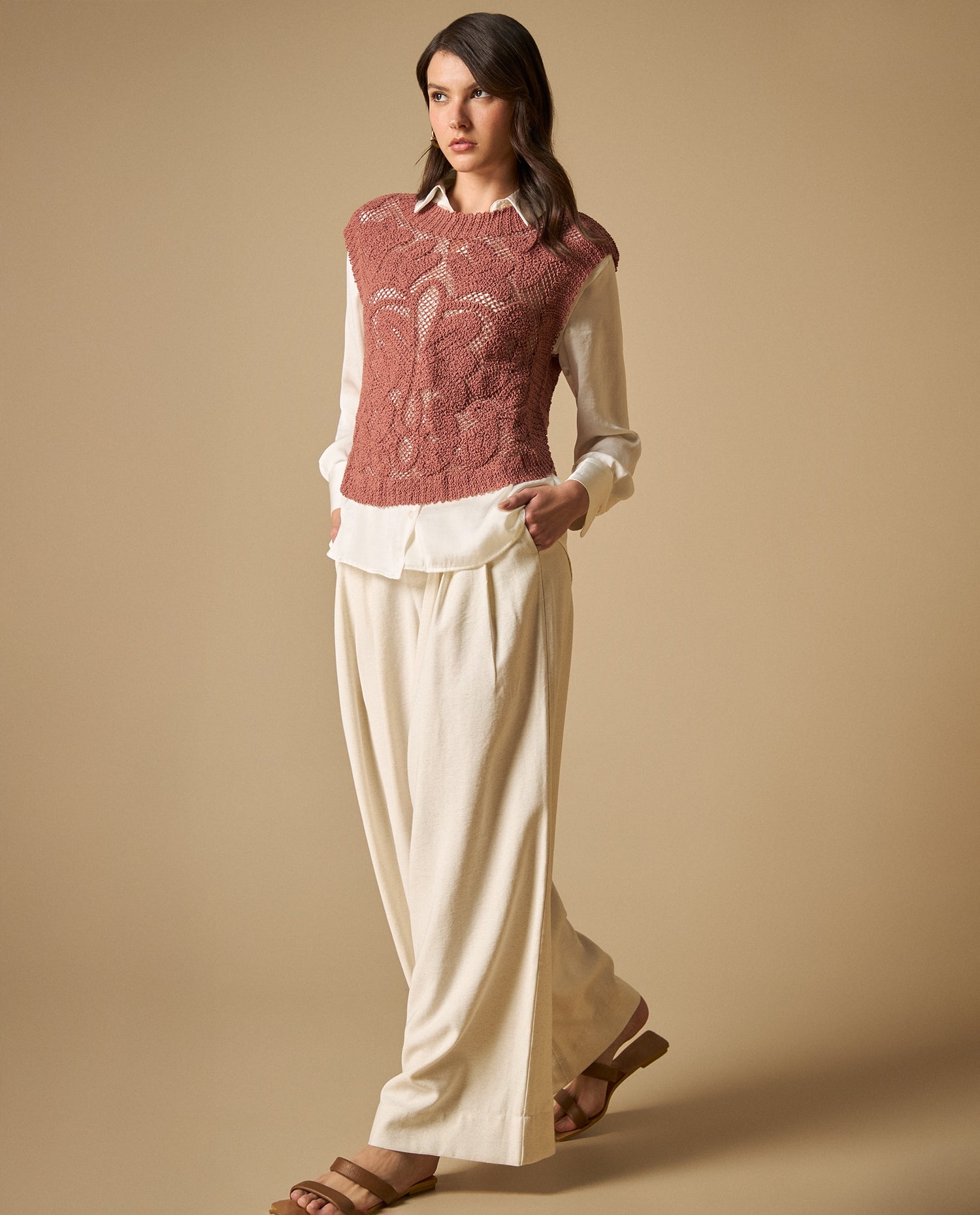 Camisa de tejido con textura manga sisa cuello redondo - Rosa