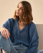 Camisa manga larga de tela fluida para mujer - Azul