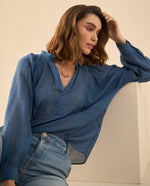 Camisa manga larga de tela fluida para mujer - Azul