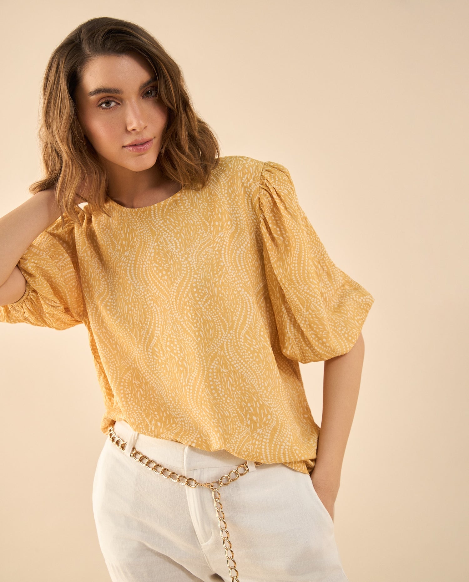 Camisa estampada manga corta para mujer - Beige