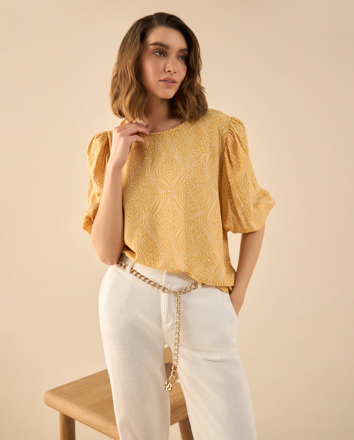 Camisa estampada manga corta para mujer - Beige
