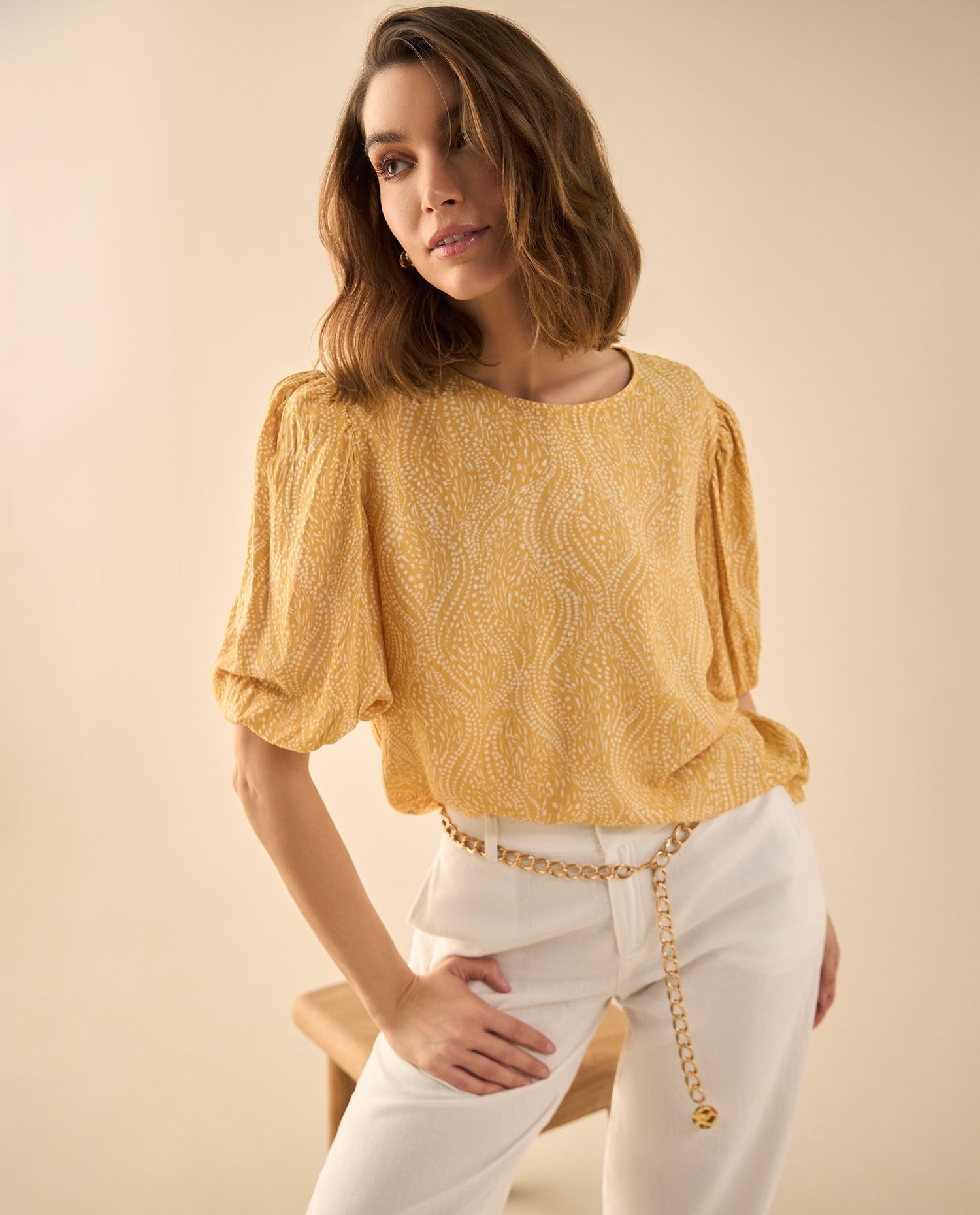 Camisa estampada manga corta para mujer - Beige