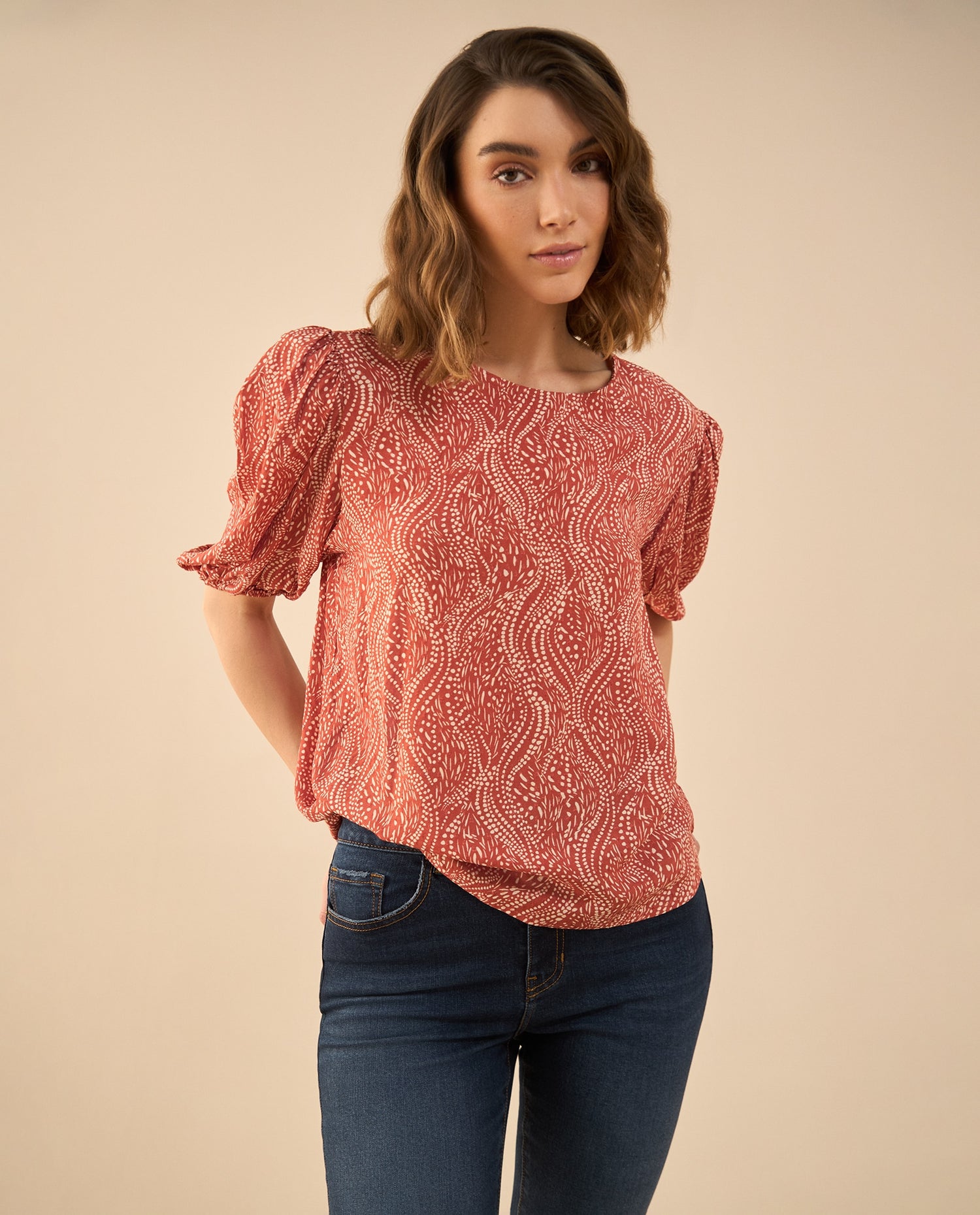 Camisa estampada manga corta para mujer - Rojo