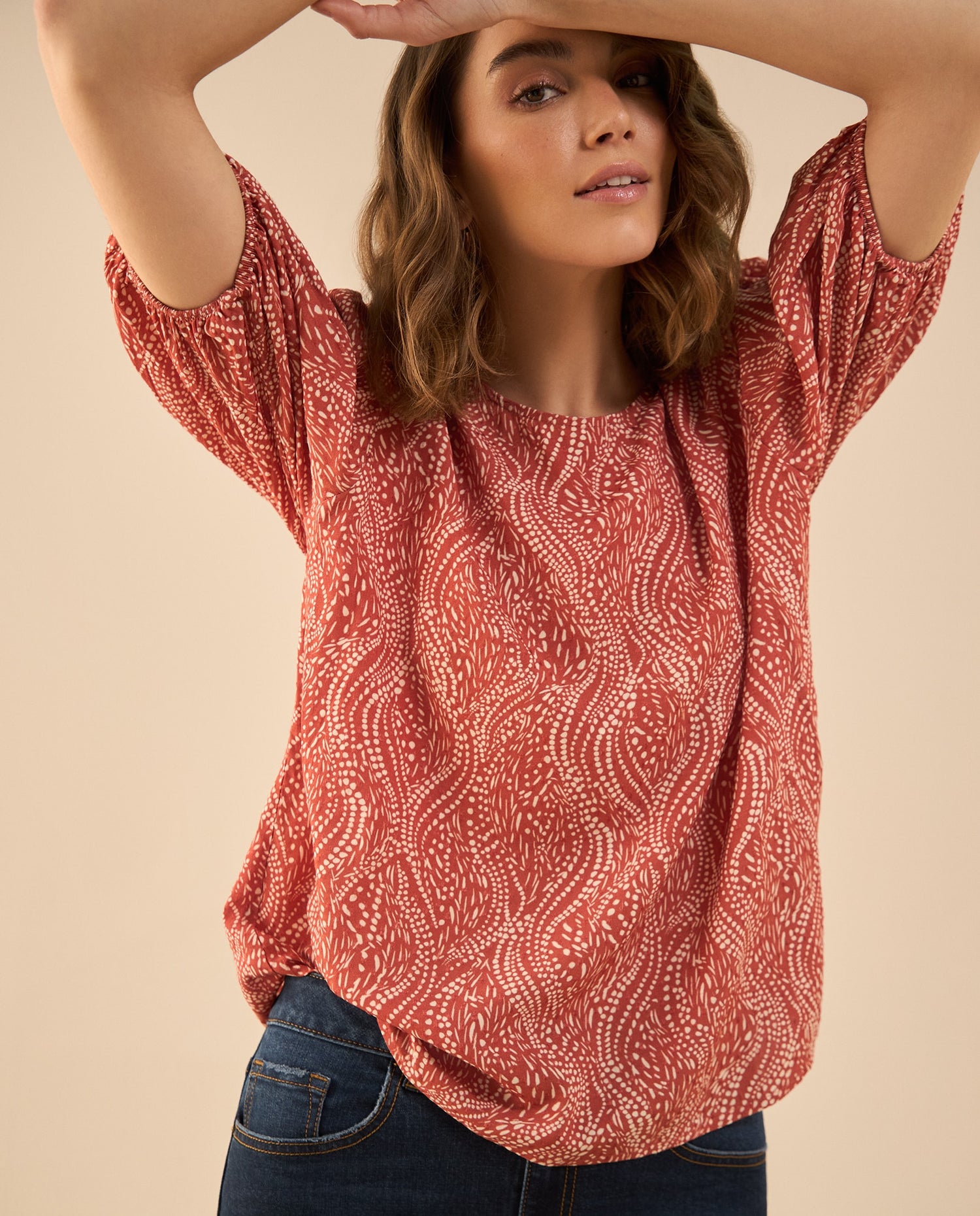 Camisa estampada manga corta para mujer - Rojo