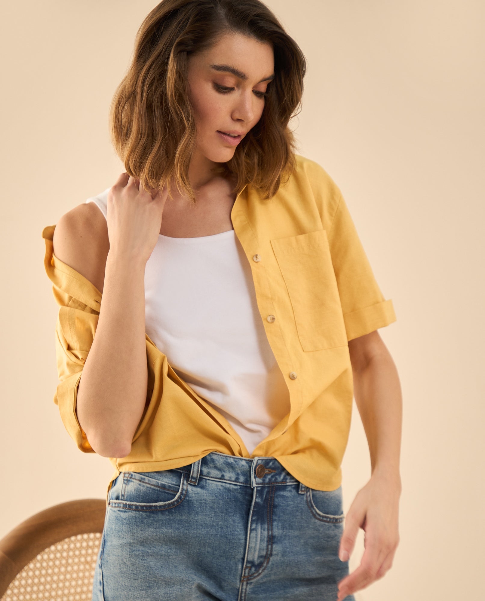 Camisa manga corta para mujer - Beige 34_612G023_BEI151132_0