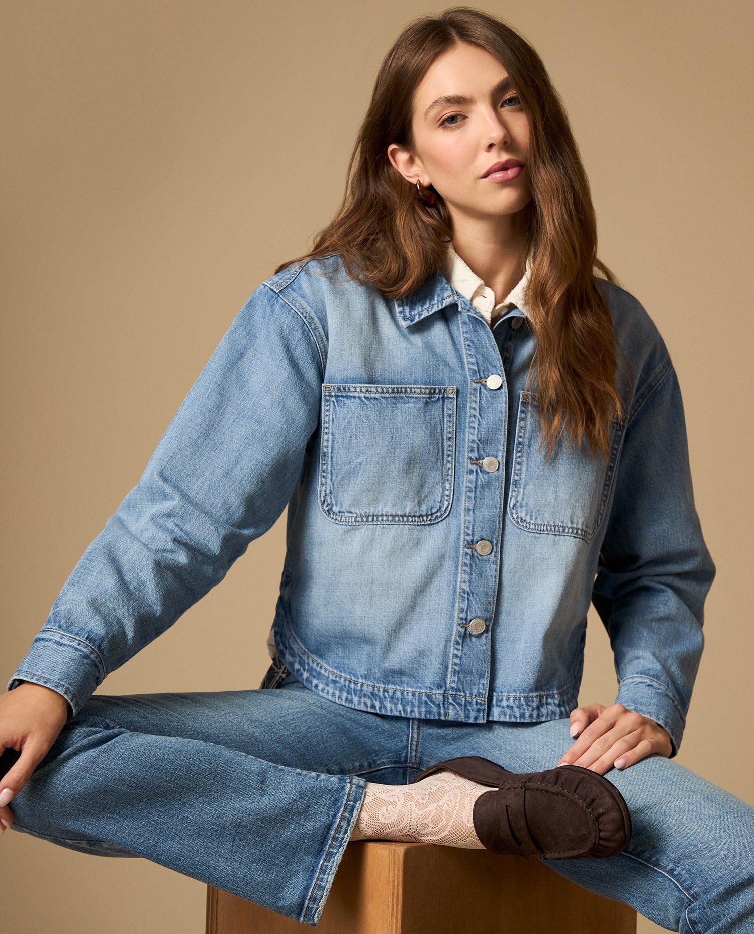 Camisa manga larga cuello camisero en algodón - Azul
