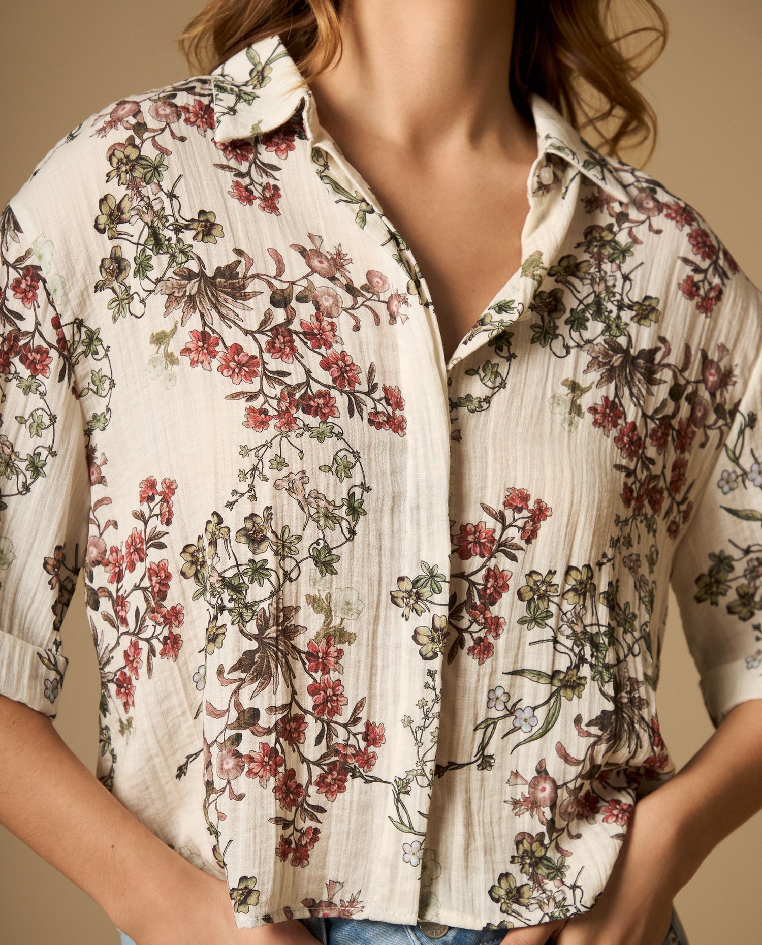 Camisa fluida manga 3/4 cuello camisero - Crudo