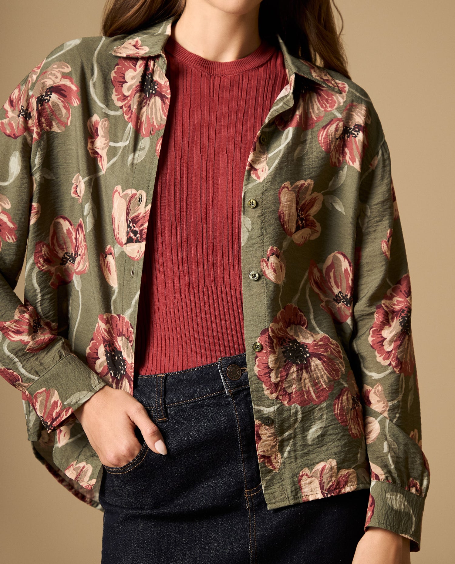 Camisa camisera manga larga con caída fluida - Verde