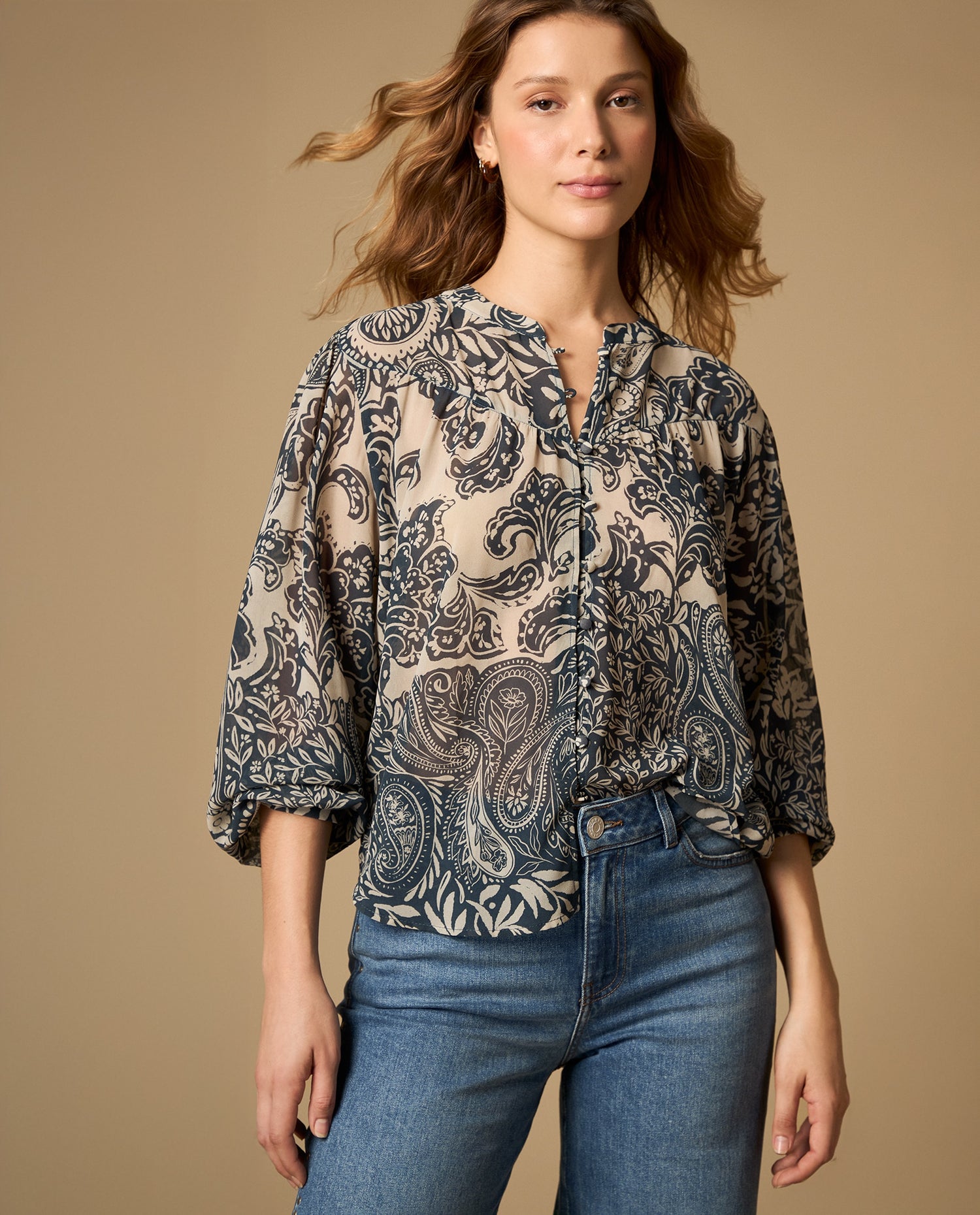 Camisa estampada manga larga cuello camisero - Azul