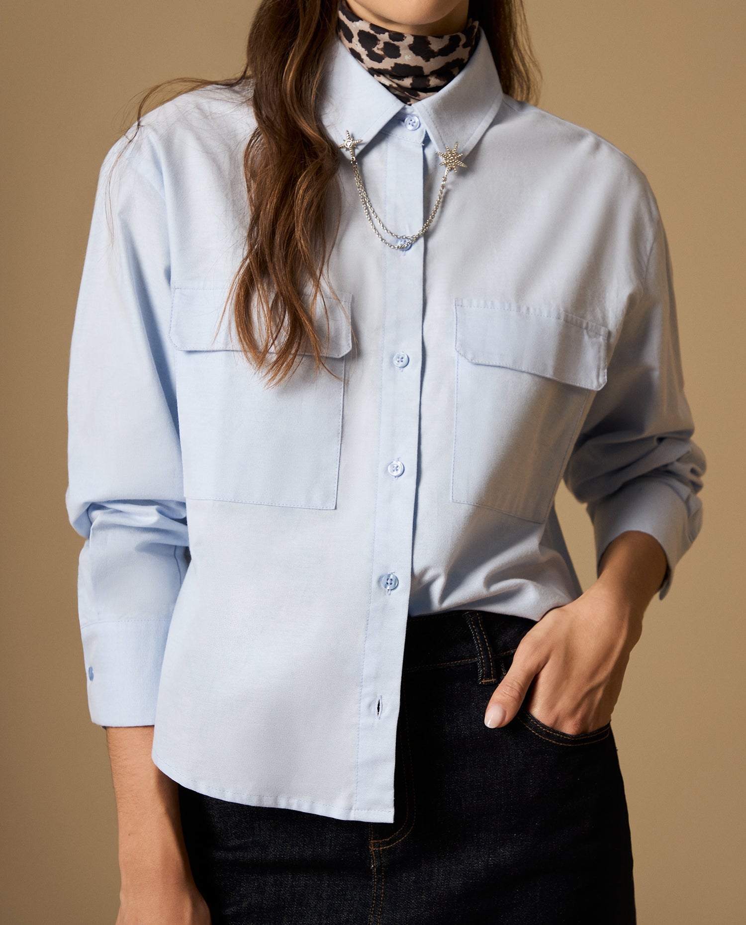 Camisa camisera manga larga con bolsillos de solapa - Azul