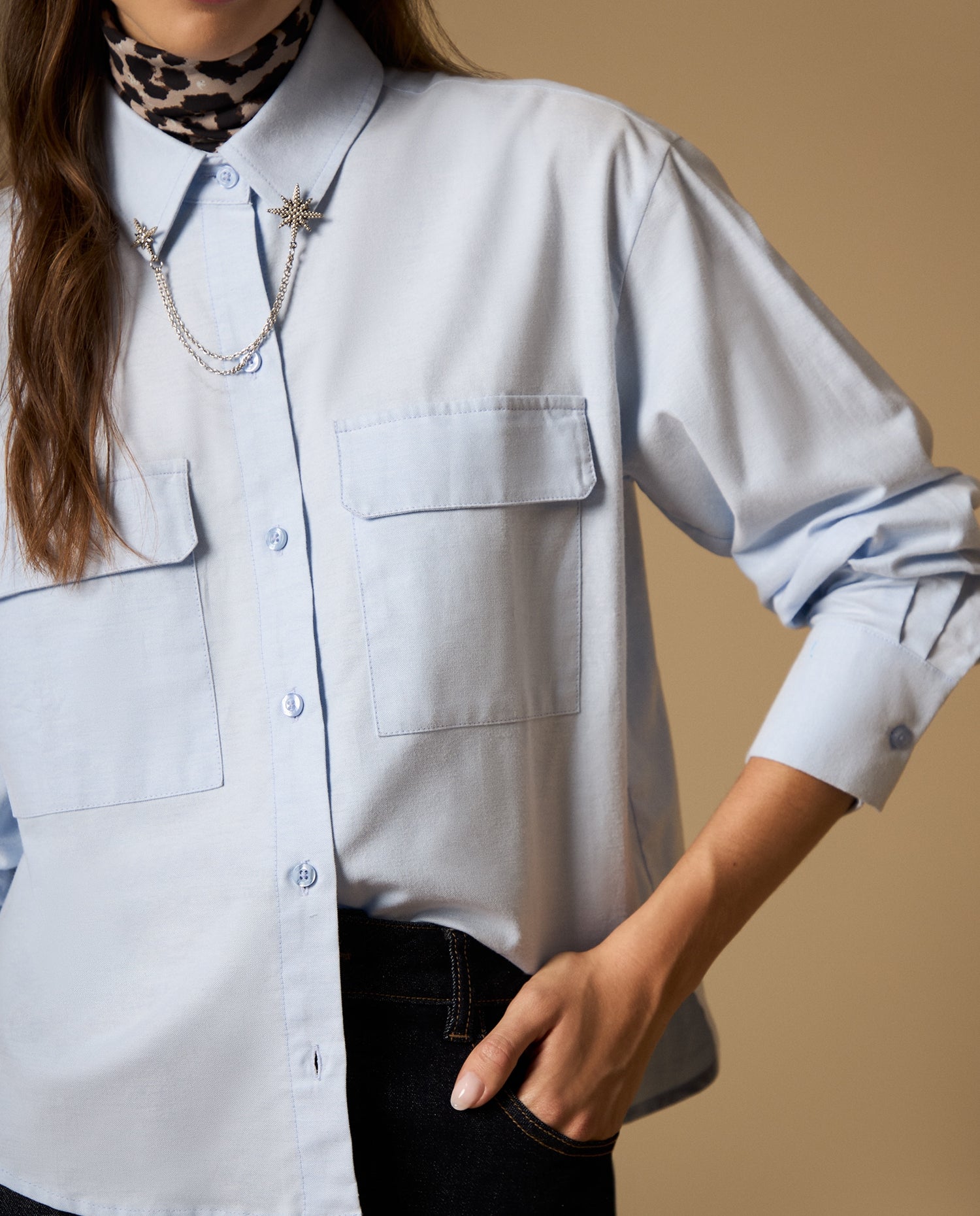 Camisa camisera manga larga con bolsillos de solapa - Azul