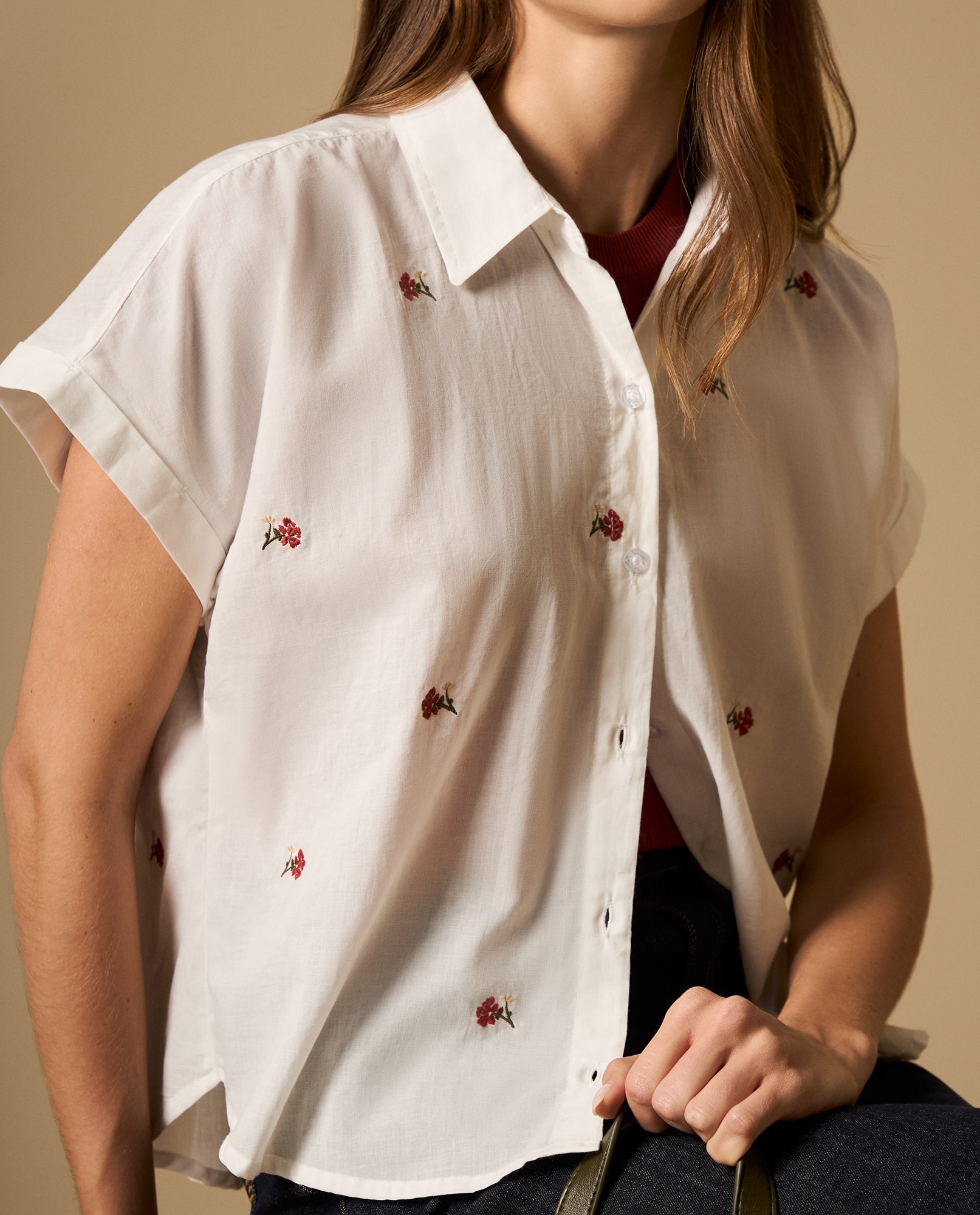 Camisa manga corta con bordado floral y cuello camisero - Crudo 34_612H041_CRU110602_0