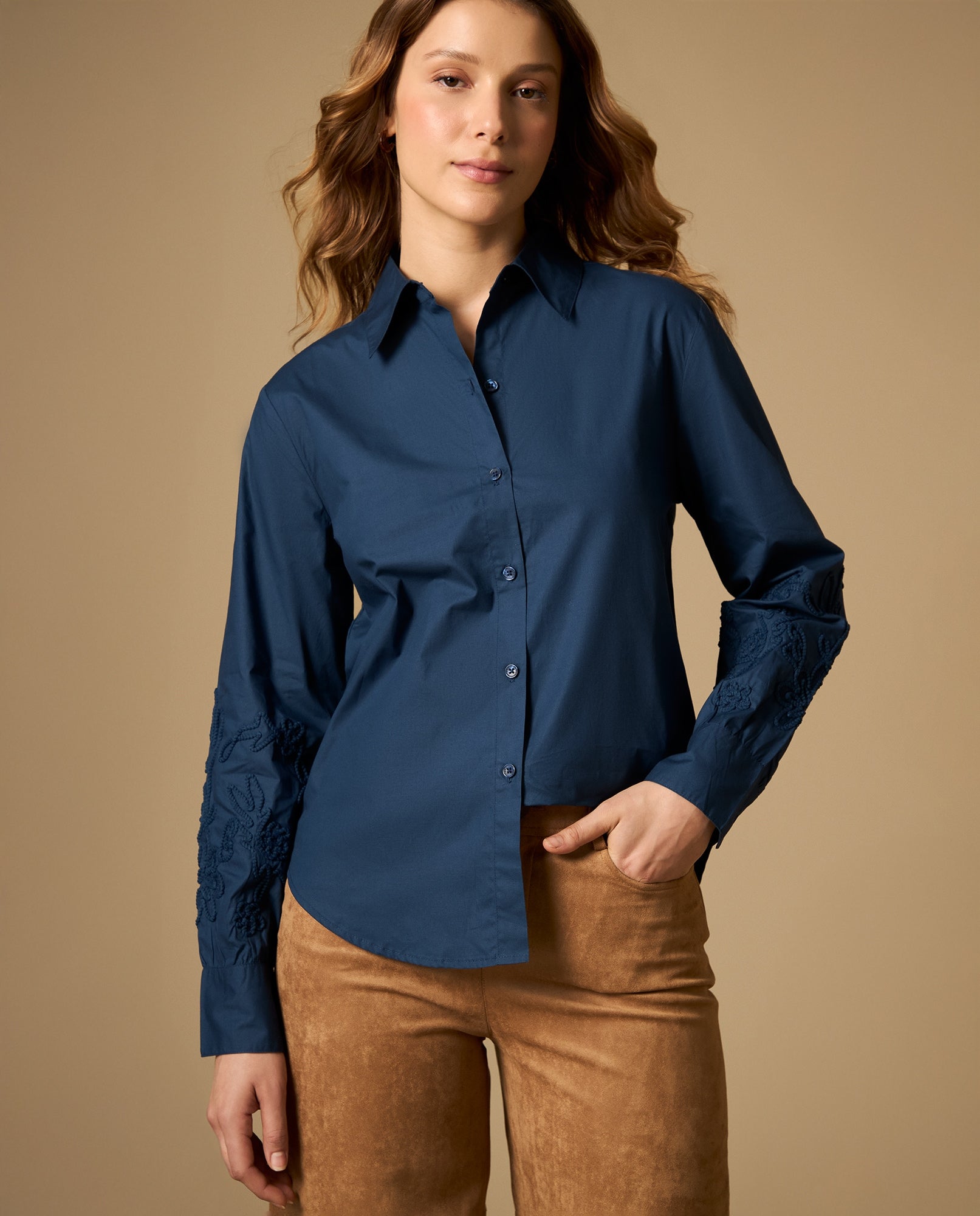 Camisa manga sisa cuello redondo en algodón - Azul 34_612H200_AZU184320_3