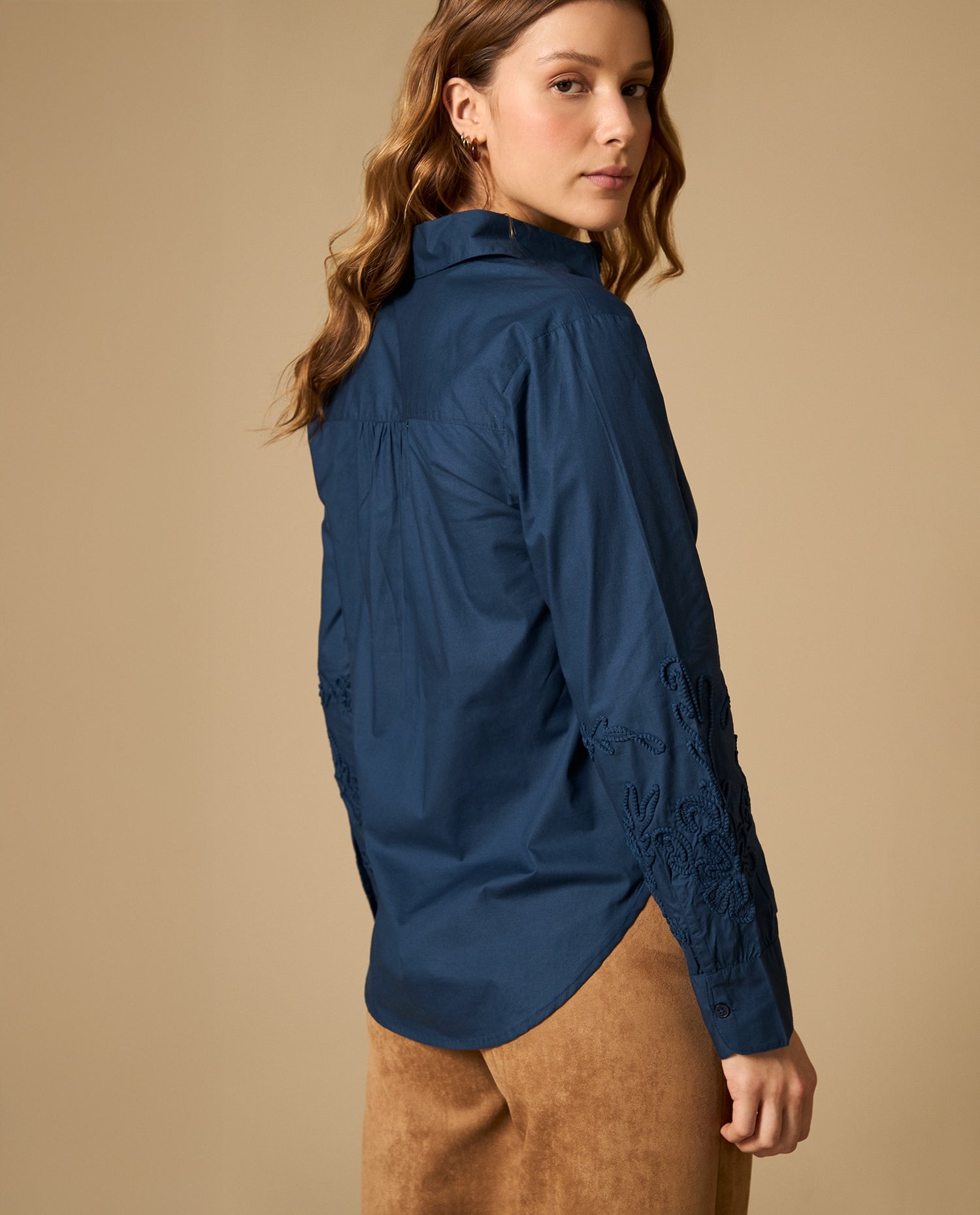 Camisa manga sisa cuello redondo en algodón - Azul