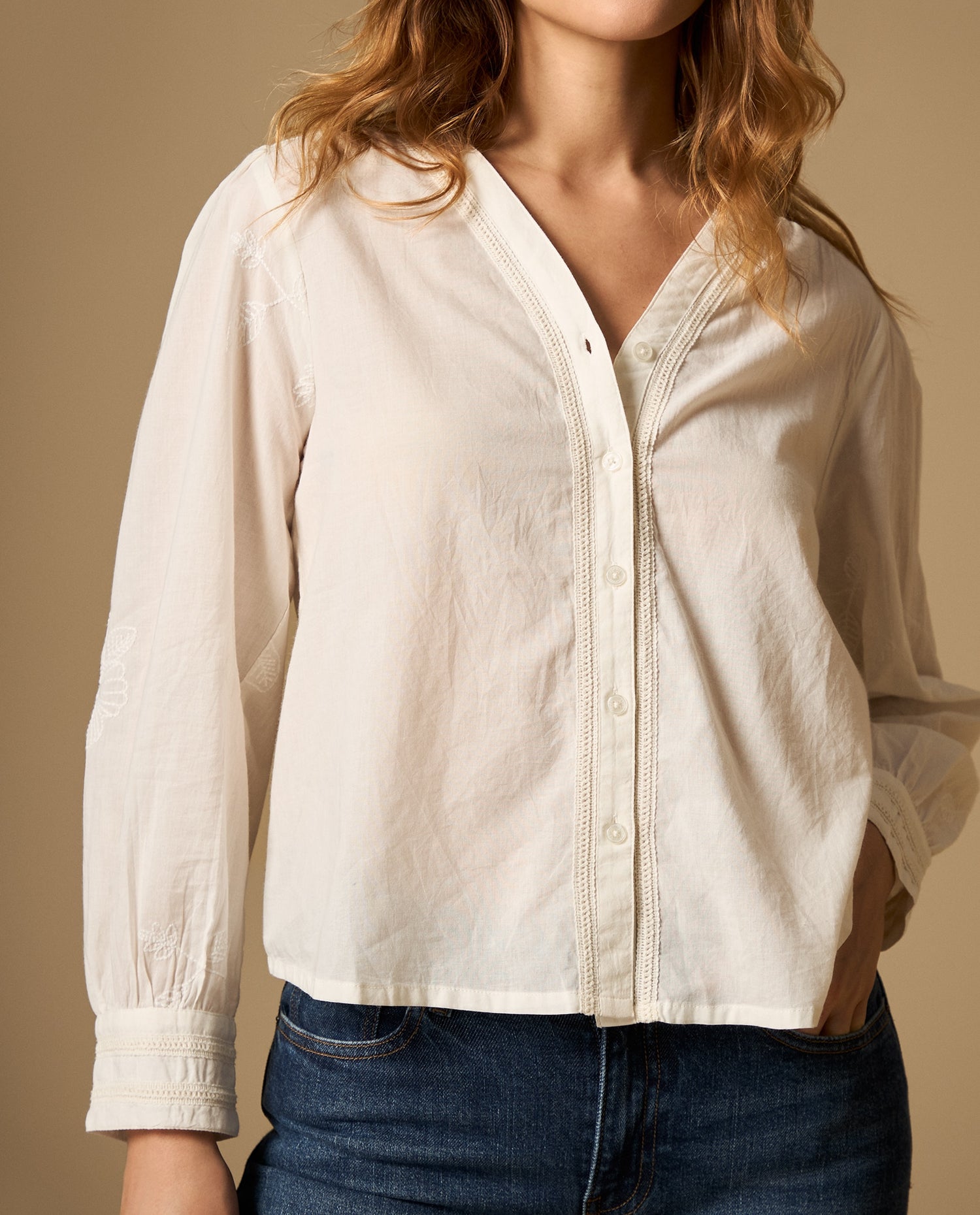 Camisa manga sisa cuello redondo en algodón - Crudo