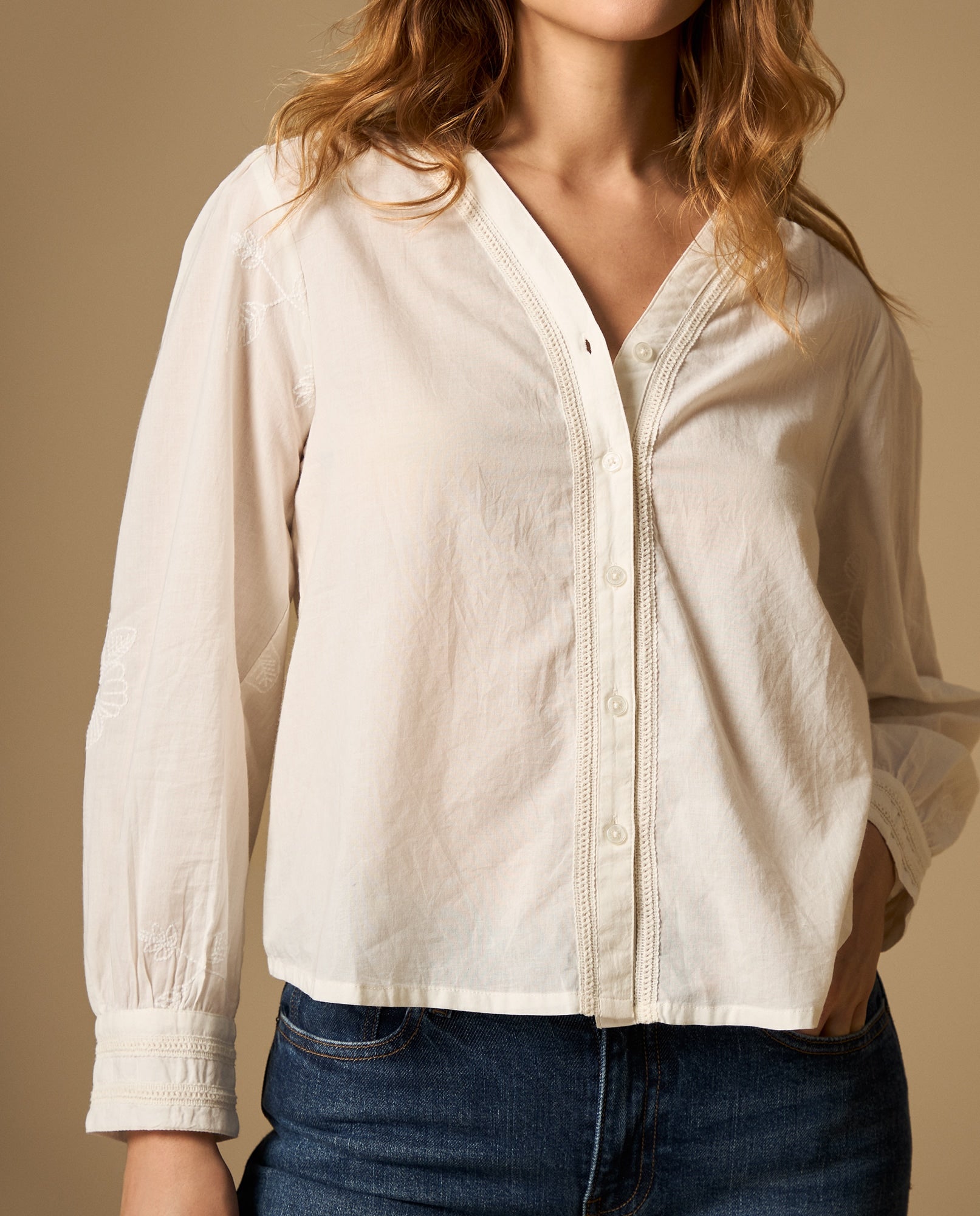 Camisa manga sisa cuello redondo en algodón - Crudo 34_612H230_CRU144501_0