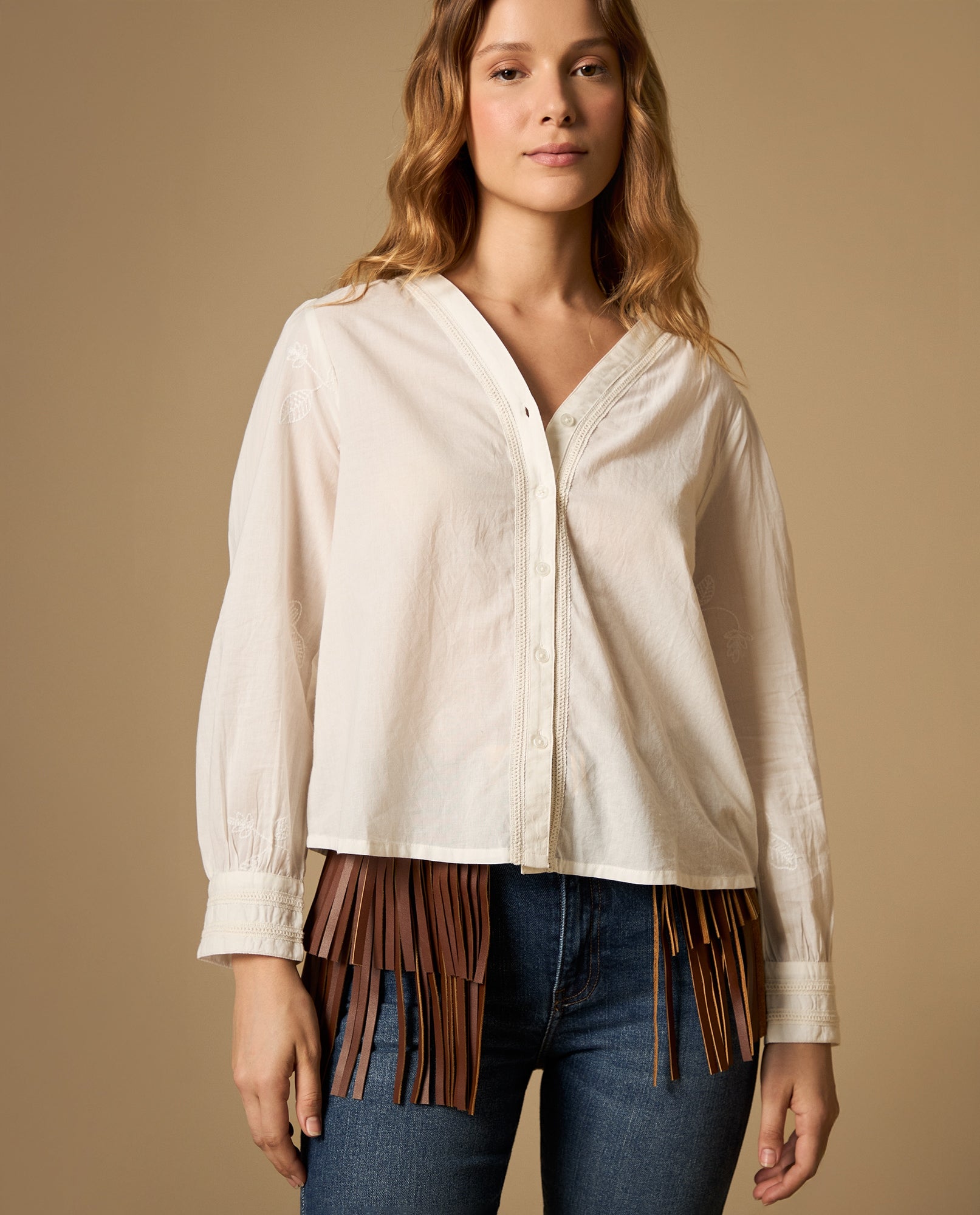 Camisa manga sisa cuello redondo en algodón - Crudo 34_612H230_CRU144501_5