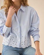 Camisa de diseño a rayas con bordado de flores para mujer  - Azul