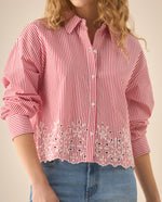 Camisa de diseño a rayas con bordado de flores para mujer  - Rojo