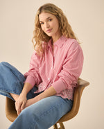 Camisa de diseño a rayas con bordado de flores para mujer  - Rojo