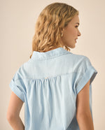 Camisa en índigo con recogido en hombros para mujer  - Azul