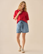 Camisa cuello clásico con bordado para mujer  - Rojo