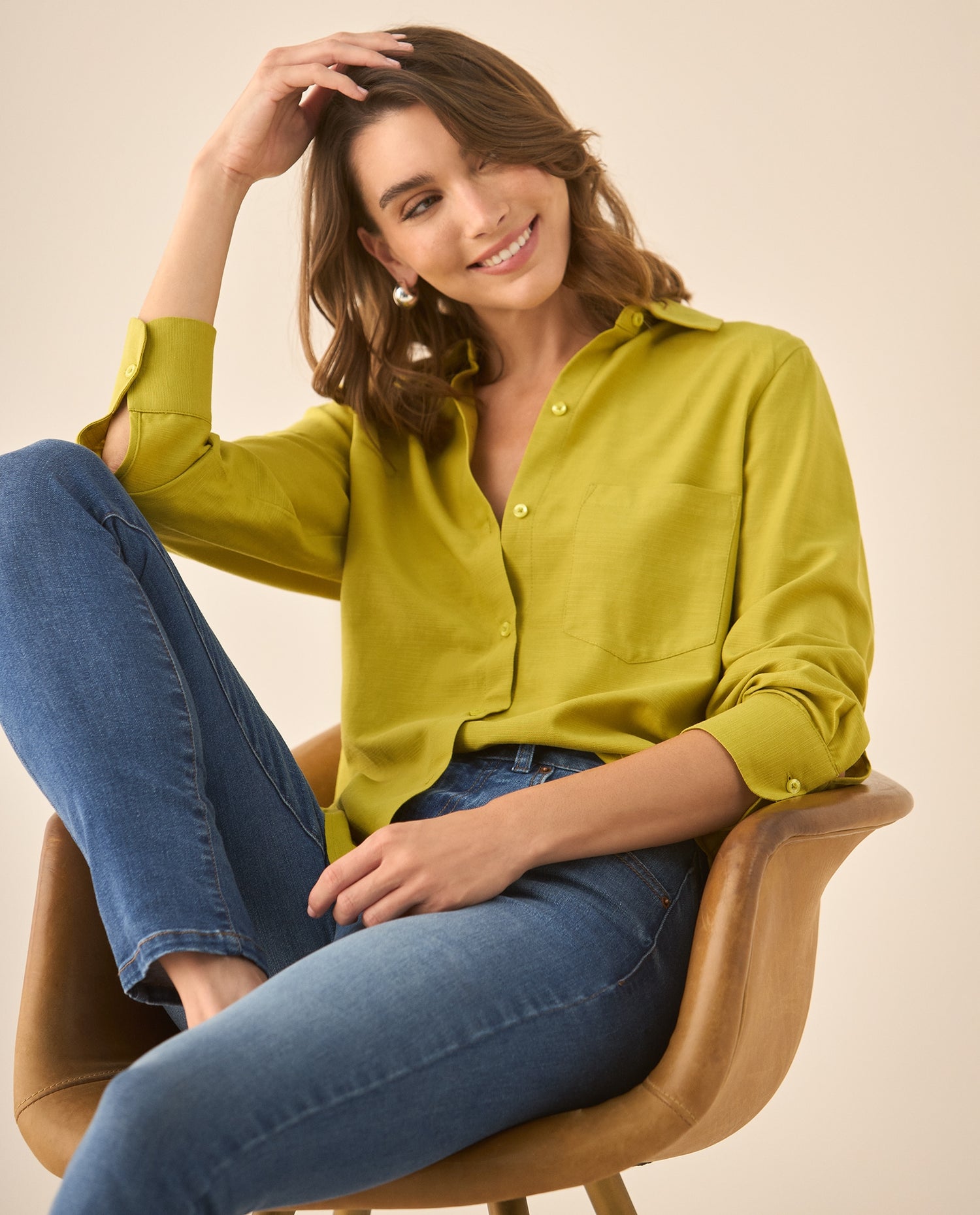 Camisa manga larga de tela texturizada para mujer  - Verde