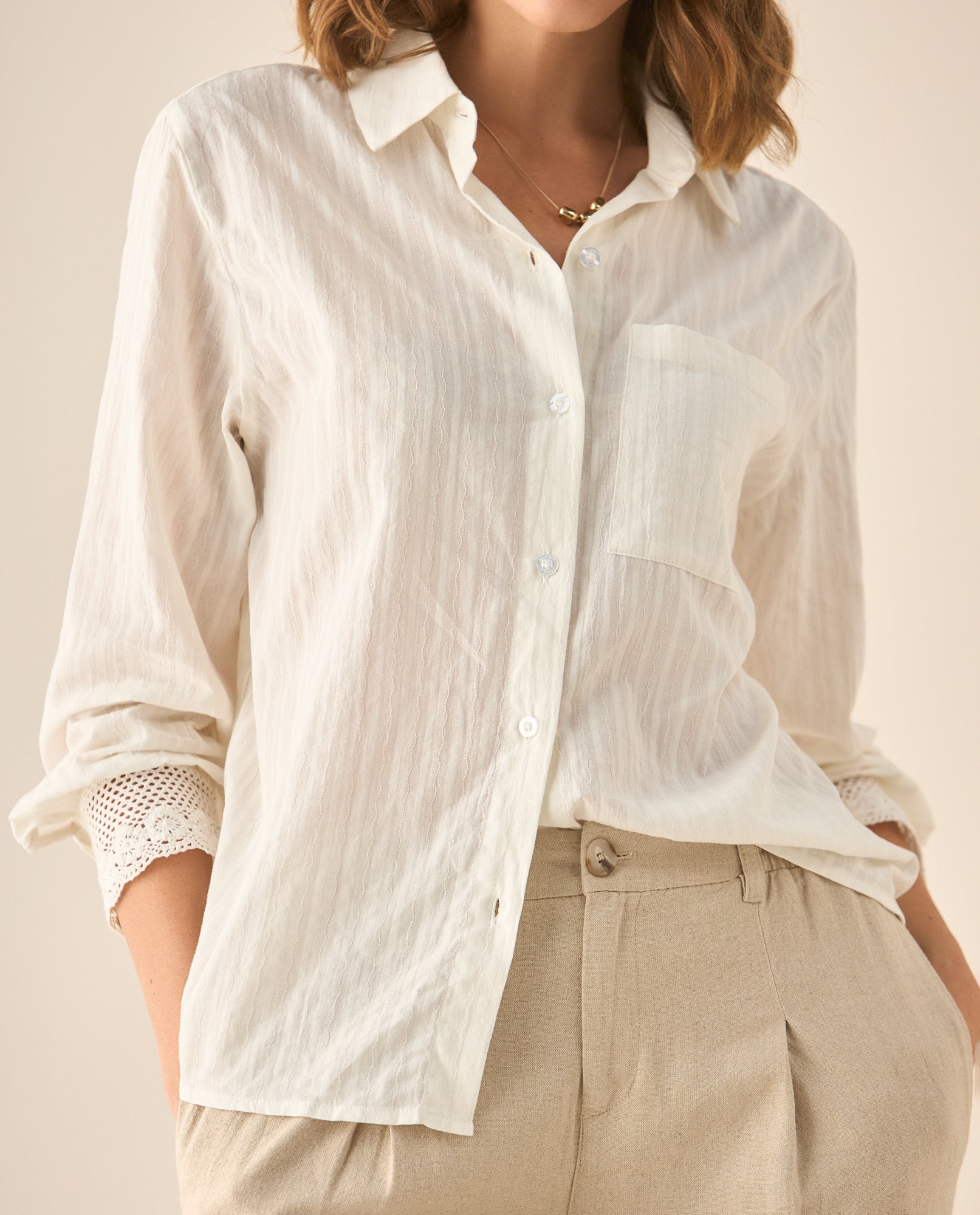 Camisa manga larga de tela con textura para mujer  - Blanco 34_613G024_BLA110601_0