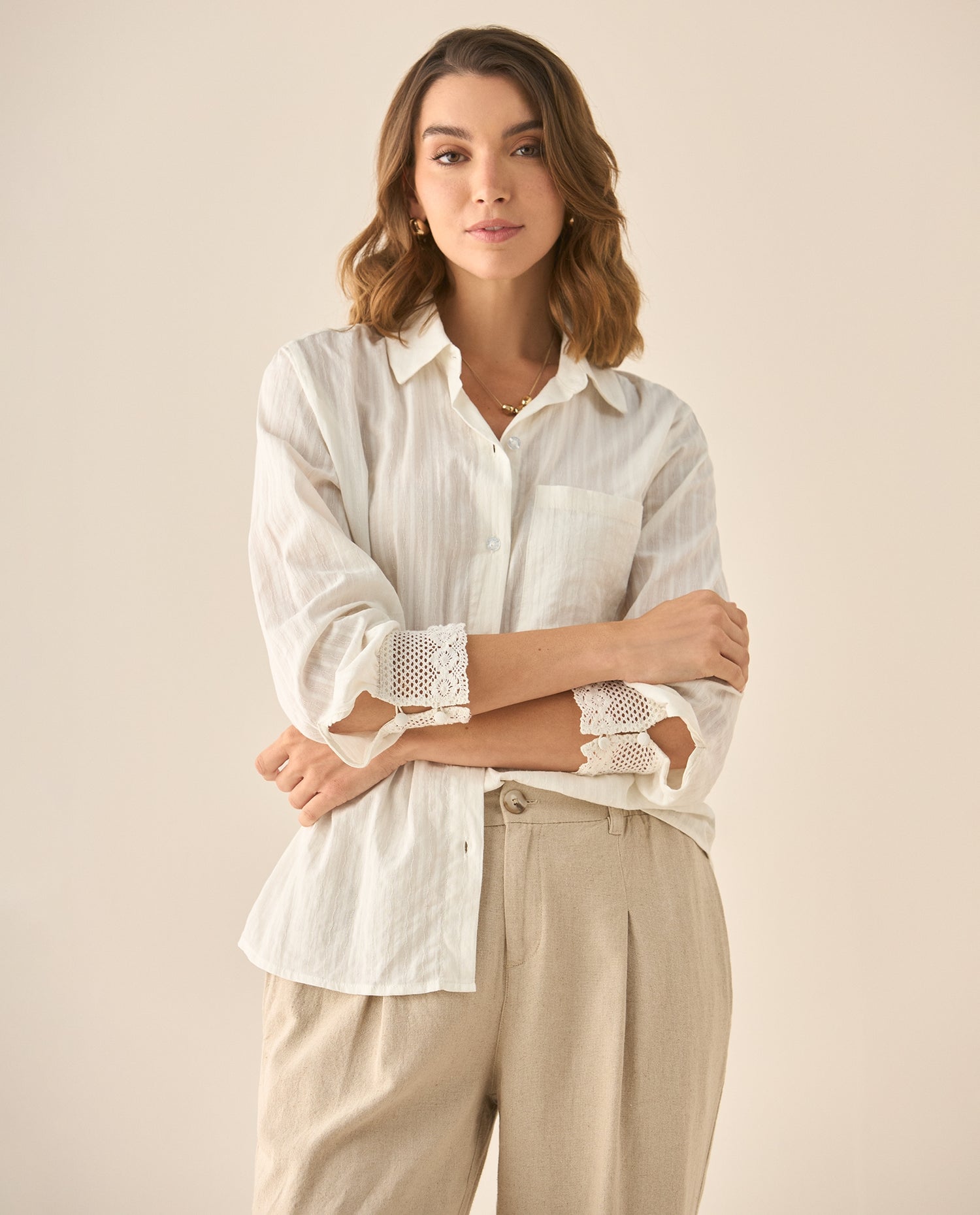 Camisa manga larga de tela con textura para mujer  - Blanco