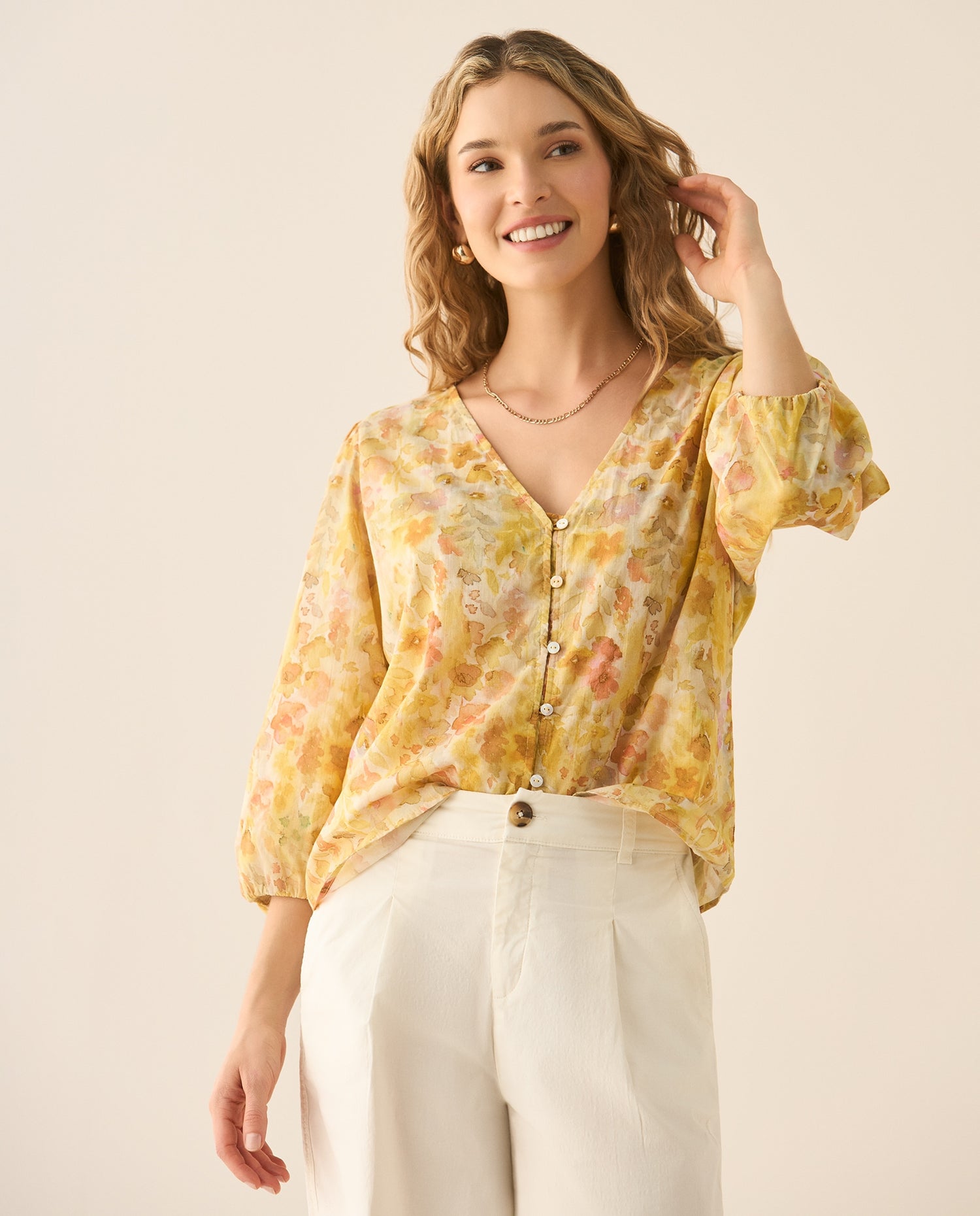 Camisa de diseño abierto con estampado de flores para mujer - Amarillo