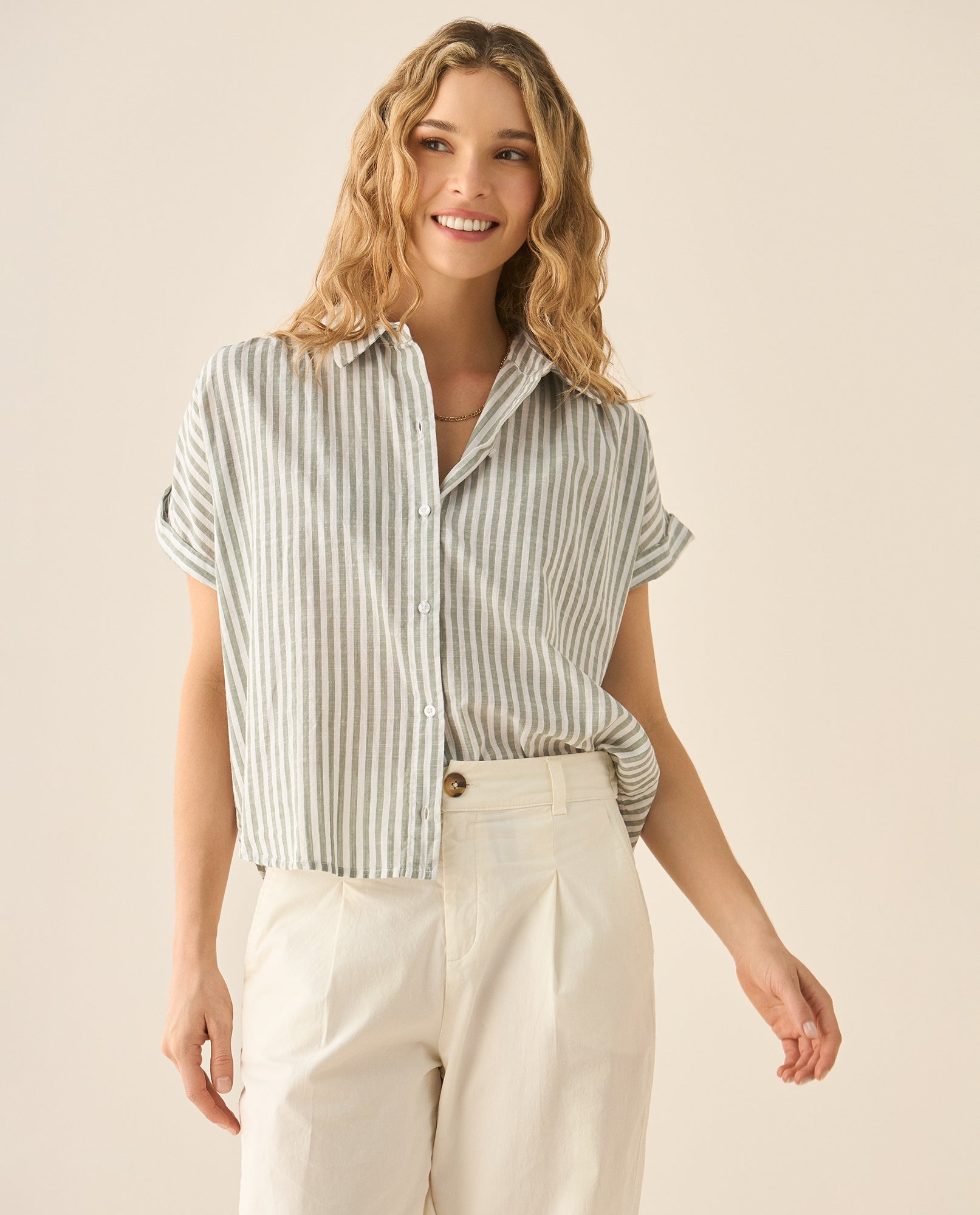 Camisa a rayas con recogido en hombros y posterior para mujer - Verde 34_613G032_VER170627_4