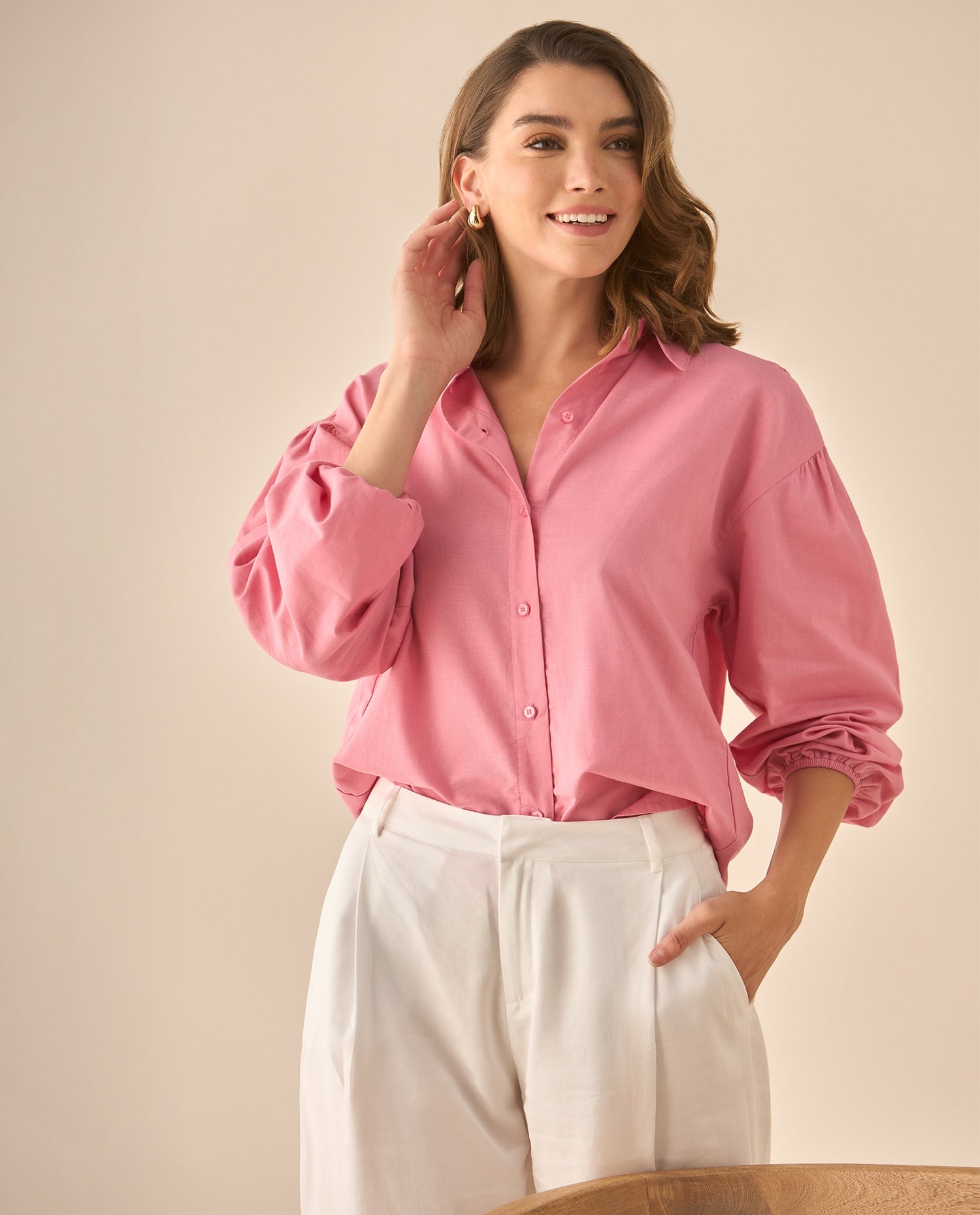 Camisa manga larga con recogido en los hombros para mujer - Rosa