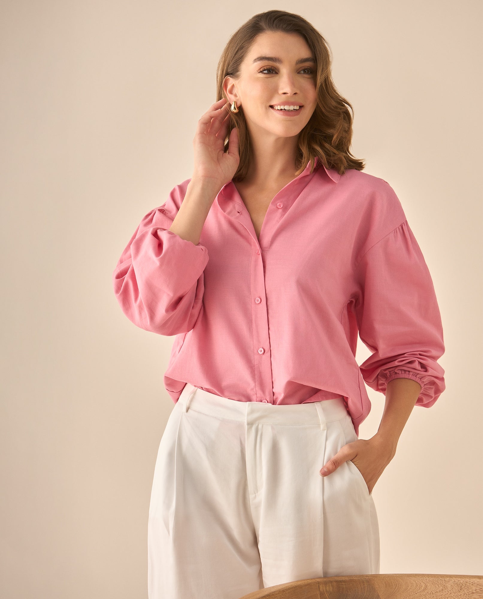 Camisa manga larga con recogido en los hombros para mujer - Rosa 34_613G037_ROS161715_3