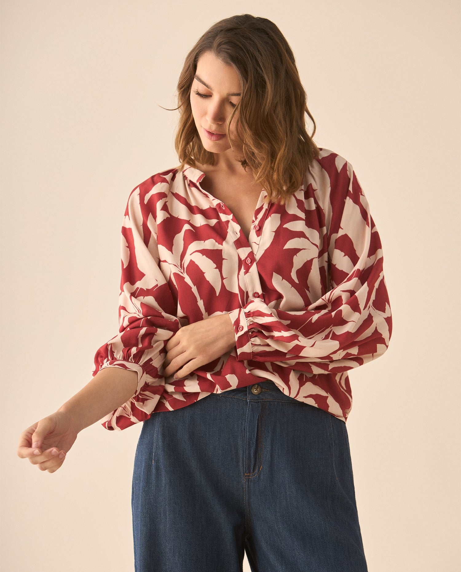 Camisa con media perilla de botones para mujer - Rojo